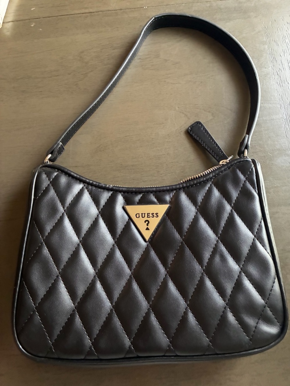 GUESS Quilted Black Shoulder Bag with Gold Triangle Logo